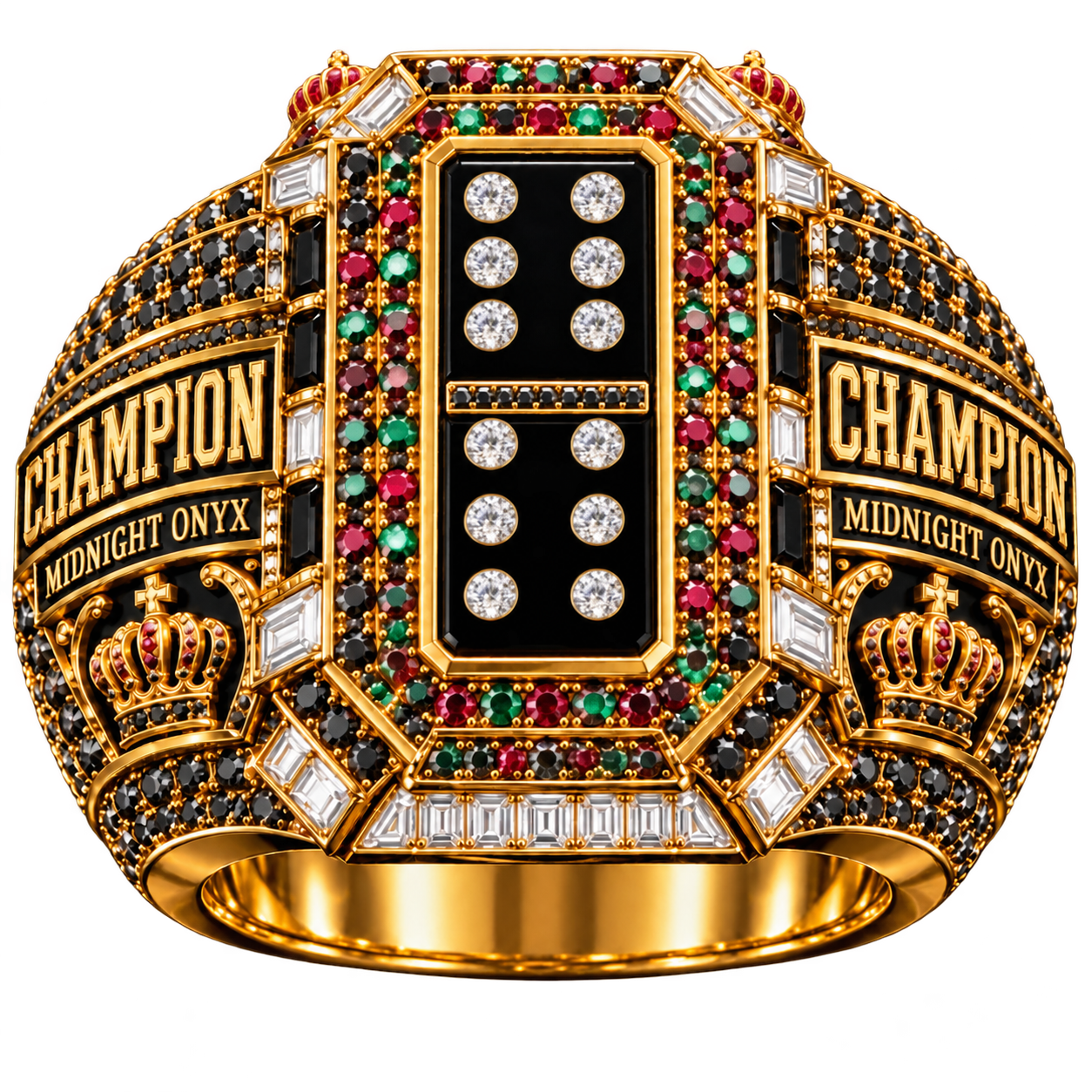 Midnight Onyx · Double Six championship ring: gold with black diamonds, rubies and emeralds