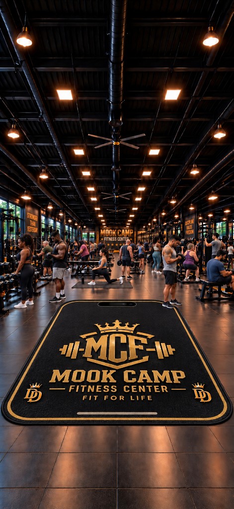 Fit for Life banner under Boneyard Brawl. Black-and-gold iPhone-shaped gym mat.